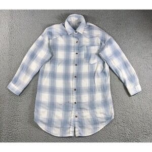 Rose + Vine Flannel Shirt Women XS/S Blue Plaid Longline Oversized Layering